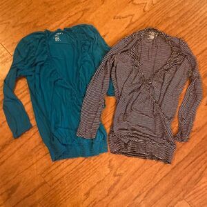 TWO - Motherhood nursing blouses, one teal colored, one black and white striped
